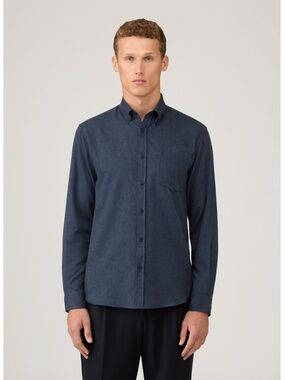 Sunspel Button Down Flannel Shirt in Selvedge Blue Melange